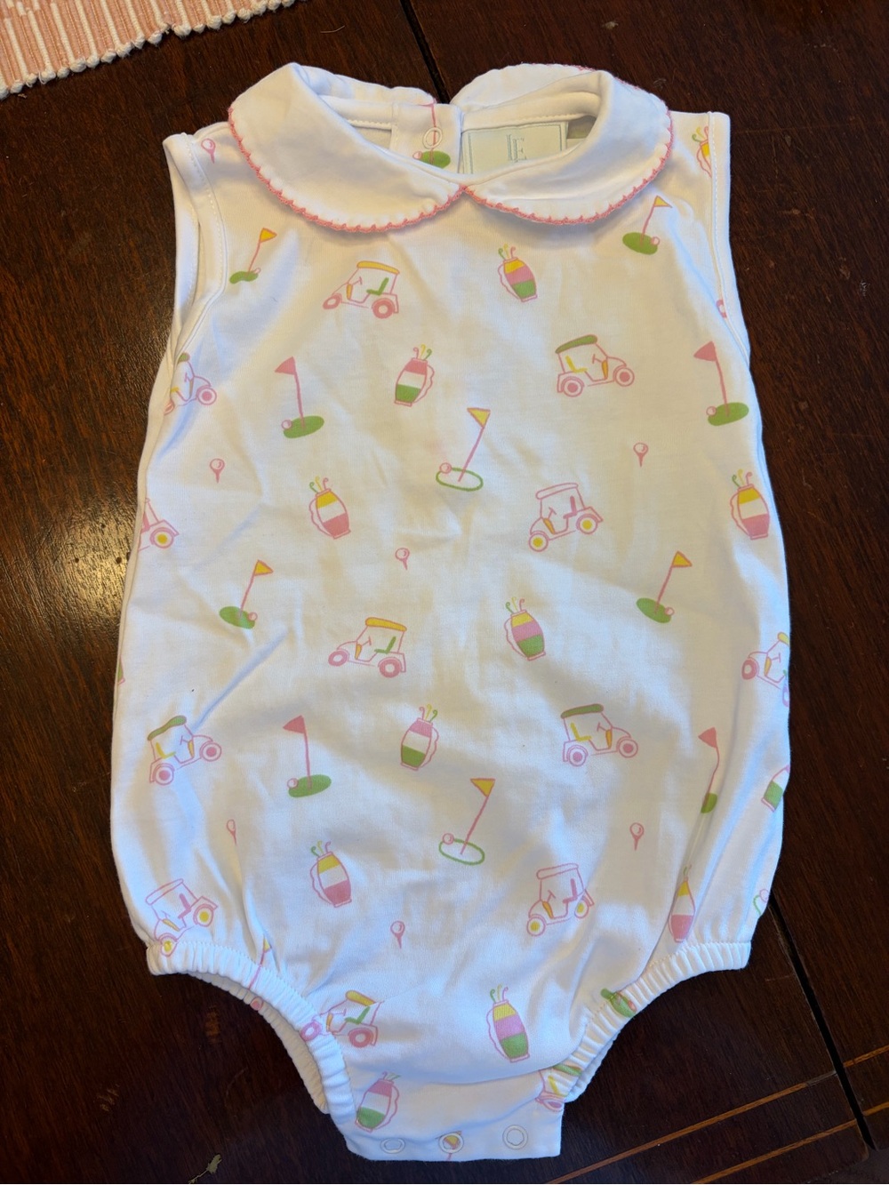 Little English White Sleeveless Golf-Print Onesie with Pink Trim